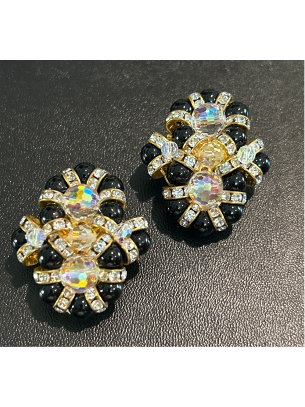 Vintage clustered clip-on earrings W/black glass beads and iridescent rhinestone